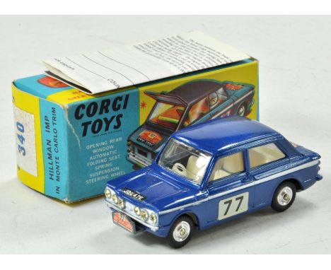 Corgi No. 340 Hillman Imp in Monte-Carlo trim. Dark blue body with white interior. RN '77' decal on side of car.&nbsp;Appears