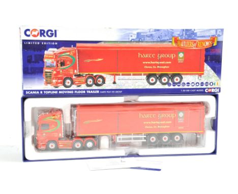 Corgi Diecast Model Truck issue comprising No. CC13765 Scania R Topline Moving Floor Trailer in livery of Harte. Appears to b