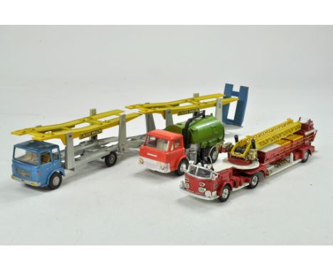 Solido Vintage Car Transporter with Trailer plus Dinky Road Sweeper and Corgi Fire Truck. Mostly very good, some minor wear o