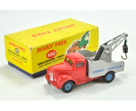 Dinky Commercial Vehicles. No. 430 Commer Breakdown Truck. Glazed red cab with light grey back and blue text logo. Blue plast