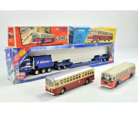 Diecast Commercials comprising 1/50 Siku Heavy Haulage set plus duo of Corgi 1/50 model buses. Appear excellent, boxes showin