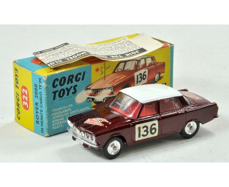 Corgi No. 322 Rover 2000 'Monte-Carlo'. Metallic maroon body with white roof. Red interior '136' rally plaques. Some wear to 