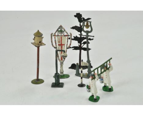 Lead Metal group of interesting items including re-cast decorator set, dovecot inclusive of Britains, Johillco, various maker