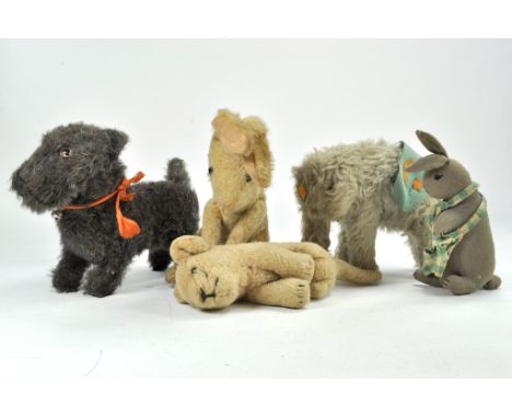 An interesting group of vintage Chad Valley and Merrythought Animals including Scottish Terrier, Elephant, Rabbits x 2, Lion 