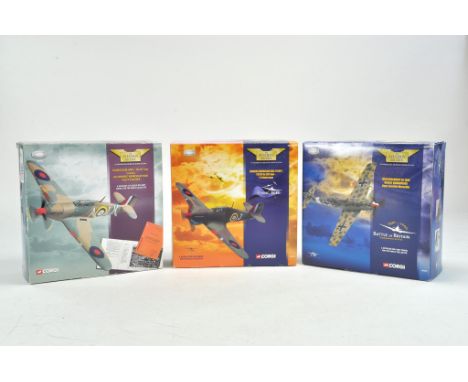 Trio of Diecast Model Aircraft from Corgi including Hurricane duo and Messchersmitt. All excellent in boxes.