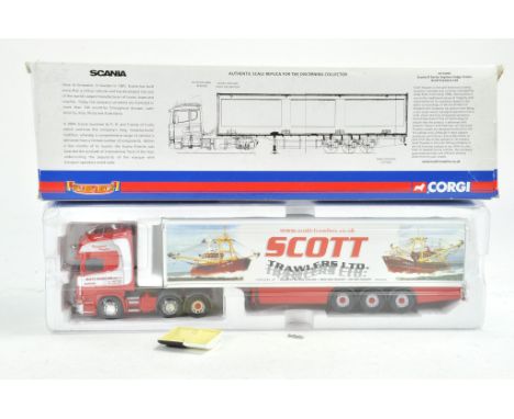 Corgi Diecast Model Truck issue comprising No. CC13705 Scania R Series Fridge Trailer in livery of Scott Trawlers. Some damag