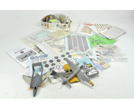 A large quantity of aftermarket model decal kits for aircraft plus parts and reference material literature.