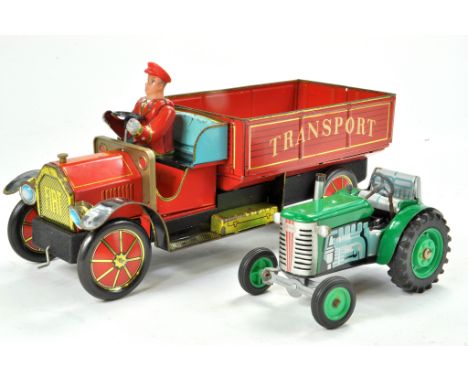 Chinese or modern European tinplate Fiat Transport Truck plus Kovap Mechanical Tractor. Both generally very good.