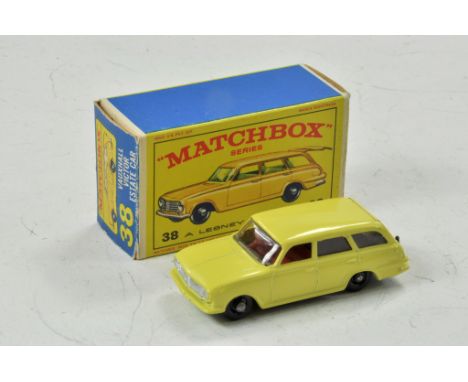 Matchbox Regular wheels No. 38B Vauxhall Victor Estate. Primrose body with red interior, black plastic wheels and black base.