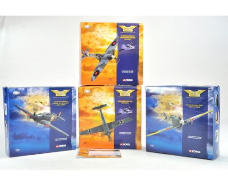 Four of Diecast Model Aircraft from Corgi including Hurricane duo, Spitfire and Messchersmitt. All excellent in boxes.