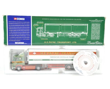 Corgi Diecast Model Truck issue comprising No. 76601 Scania fridge trailer in livery of HE Payne. Appears good in box.