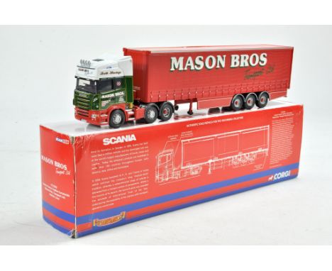 Corgi Diecast Model Truck issue comprising No. CC13701 Scania Curtainside in livery of Mason Brothers. Lacking mirrors and ce