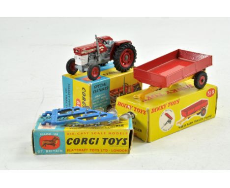 Trio of Farm items comprising Corgi and Dinky including Massey Ferguson Tractor, Plough and Trailer. Very good to excellent i