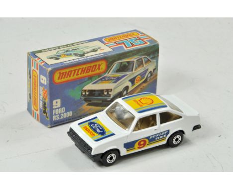 Matchbox Superfast No. 9F Ford Escort RS2000. White body, tan interior, black base, clear glass '9''ford', 'shell' 'Dunlop' d
