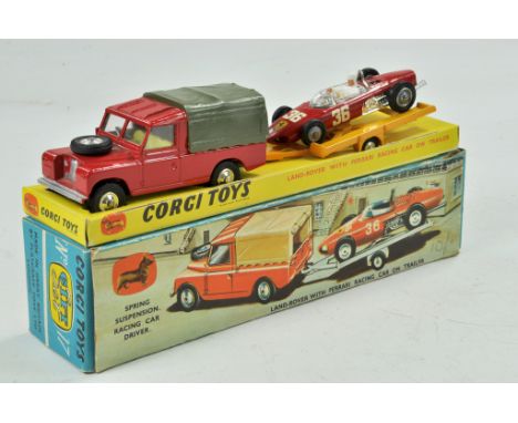 Corgi Gift Set. No. 17 Land Rover with Ferrari Racing Car Set. Land Rover with Red body and green tilt. With a red 154 Ferrar