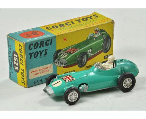Corgi No. 152S B.R.M. Racing Car Formula 1 Grand Prix with suspension. Turquoise body with union jack on bonnet. RN '1'. Blue