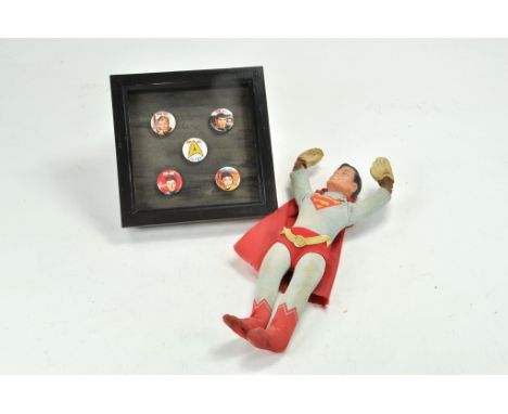 Vintage Superman Doll with perishment to hands, faded clothing plus group of Star Trek vintage badges.