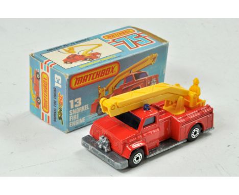 Matchbox Superfast No.13C Simon Snorkel Fire Engine. Dark red body, blue glass, blue lights, yellow crane and man. Unpainted 