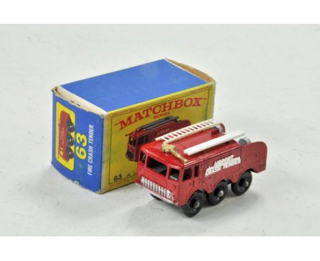 Matchbox Regular wheels No. 63B Alvis Foamite Crash Tender. Red body, gold hose nozzle, 6 black plastic wheels. White ladder.