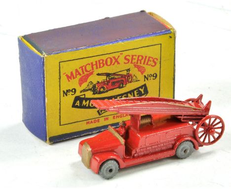 Matchbox regular wheels no. 9a Dennis Fire Engine. Red body with gold trim and metal wheels. Generally very good to excellent