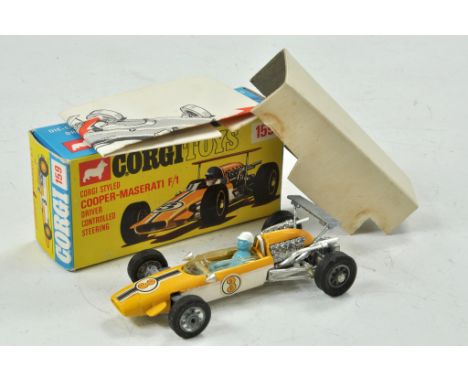 Corgi No. 159 Cooper-Maserati F1. Yellow and white body with black bonnet stripe. RN '3' in yellow. White base. Blue driver w
