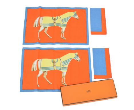 A selection of Hermès tableware, to include two cotton placemats depicting racehorses, together with two accompanying napkins
