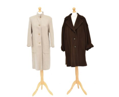 Two wool coats by MaxMara, including a brown wool and 60% virgin wool beige mid length coat, each with button fastening, labe