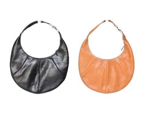 Two Salvatore Ferragamo shoulder bags, each of rounded outline, in tan and black leather with silver tone hardware and zip to