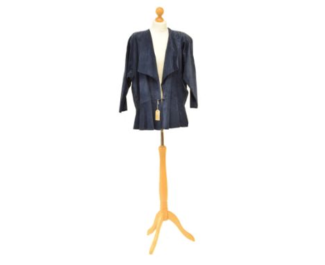 A Jean Muir suede jacket, the blue suede jacket with button fastening, labelled size UK10, together with a Jean Muir autograp