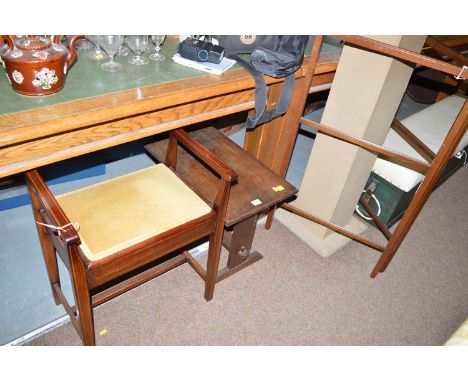 An inlaid mahogany piano stool; a small oak occasional table; and a folding towel airer.