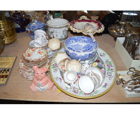 A Copeland Spode 'Italian' pattern bowl; a large 'Indian Tree' pattern meat dish and two dinner plates; a crescent jardiniere