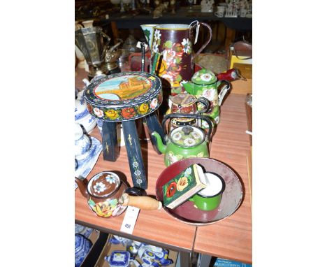 A collection of hand-painted canal souvenir ware, comprising: various jugs, teapots, kettles, a pan, stool, etc. 