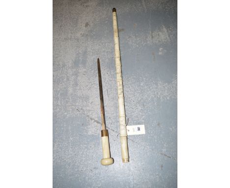 A 19th Century sword stick with turned bone handle, brass ferrule and a short double-sided blade, in a turned bone stick with