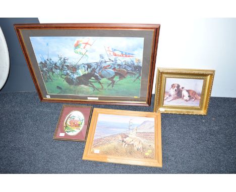 A colour print - "The Battle of Bosworth, 22nd August 1485", after Graham Turner; a watercolour of a sleeping fawn and a tort