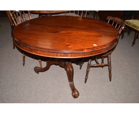 A Victorian mahogany circular centre table with moulded edge and a deep frieze, raised on a centre bulbous column with three 