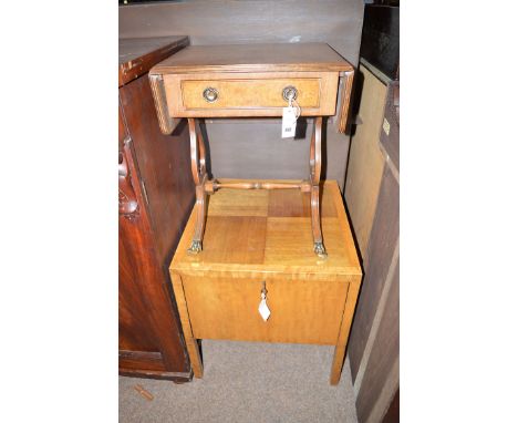 A reproduction figured walnut sofa style occasional table, fitted two forward flaps and a shallow drawer; and a walnut square