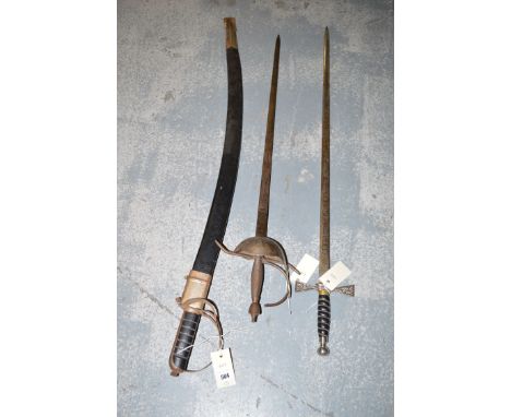 A reproduction sabre; a reproduction Spanish style sword; and a Wilkinson Sword ceremonial sword with wire bound grip (no sca