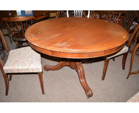 A Victorian mahogany circular centre table with moulded edge and a deep frieze, raised on an octagonal bulbous column with th