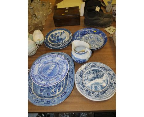 A quantity of blue and white china, to include: Booths "Willow" pattern; a "Willow" pattern meat plate; an opaque china Dicke