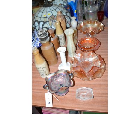 A collection of lustre pressed glassware; four pieces of turned onyx; a glass candlestick; a Carnival two-handled glass bowl;