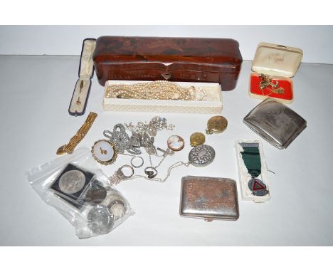 A quantity of costume jewellery, including: a gilt metal gate link bracelet; a silver charm bracelet; a carved shell cameo br