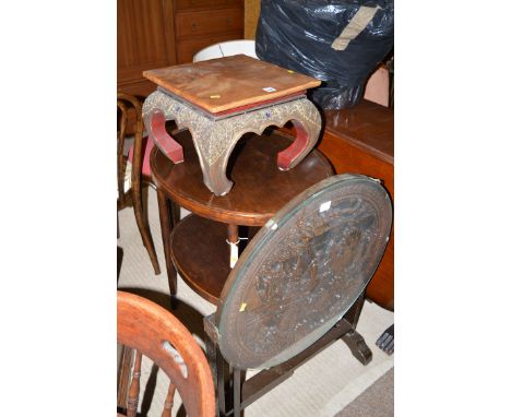 A circular fire screen/occasional table with ornately carved chinoiserie top; an Oriental mahogany square stool with carved a
