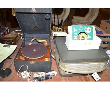 A Columbia portable grafonola; a reel-to-reel tape recorder; a quantity of records; and a Binatone Book Corder.