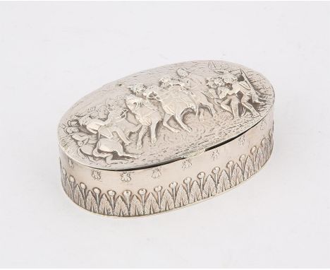 German oval silver table snuff box the cover embossed with a battle scene, marked 930, import marks for 1899, 11cm x 7.5cm x 