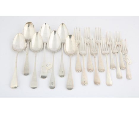 AMENDED DESCRIPTION 19th century Hallmarked silver Old English pattern flatware, comprising, seven table spoons, six forks, a