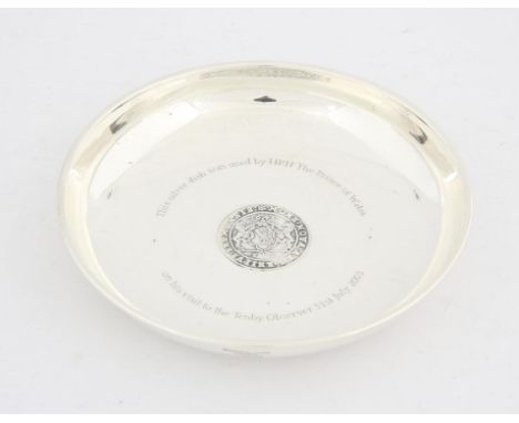 Silver dish with coin inset, stamped 935, inscribed "This silver dish was used by H R H Prince of Waes on his visit to the Te