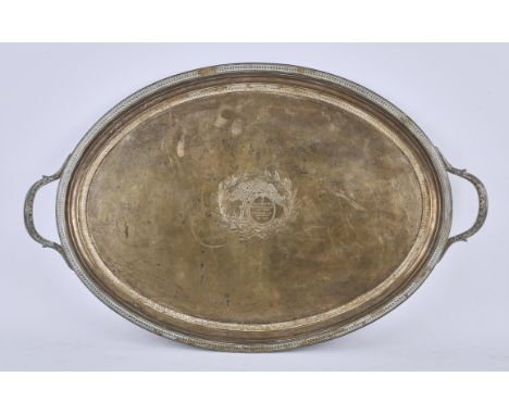 19th century American silver oval twin-handled tray with beaded and foliate borders, engraved central inscription, by Ball, T