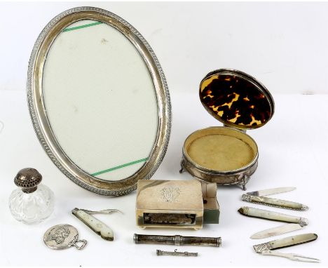 Oval photograph frame, Birmingham 1926, circular ring box with tortoiseshell cover, Birmingham 1922, matchbox cover London 19