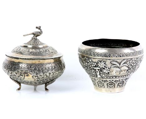 Indian silver bowl embossed with figures in an outdoor setting, marked 'SILVER' and a Persian white metal bowl and cover with