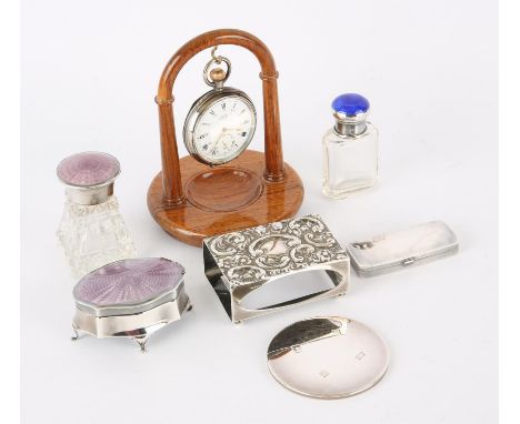 AMMENDED DESCRIPTIONSmall silver items to include silver and enamel topped ring box and scent bottle, another scent bottle, e